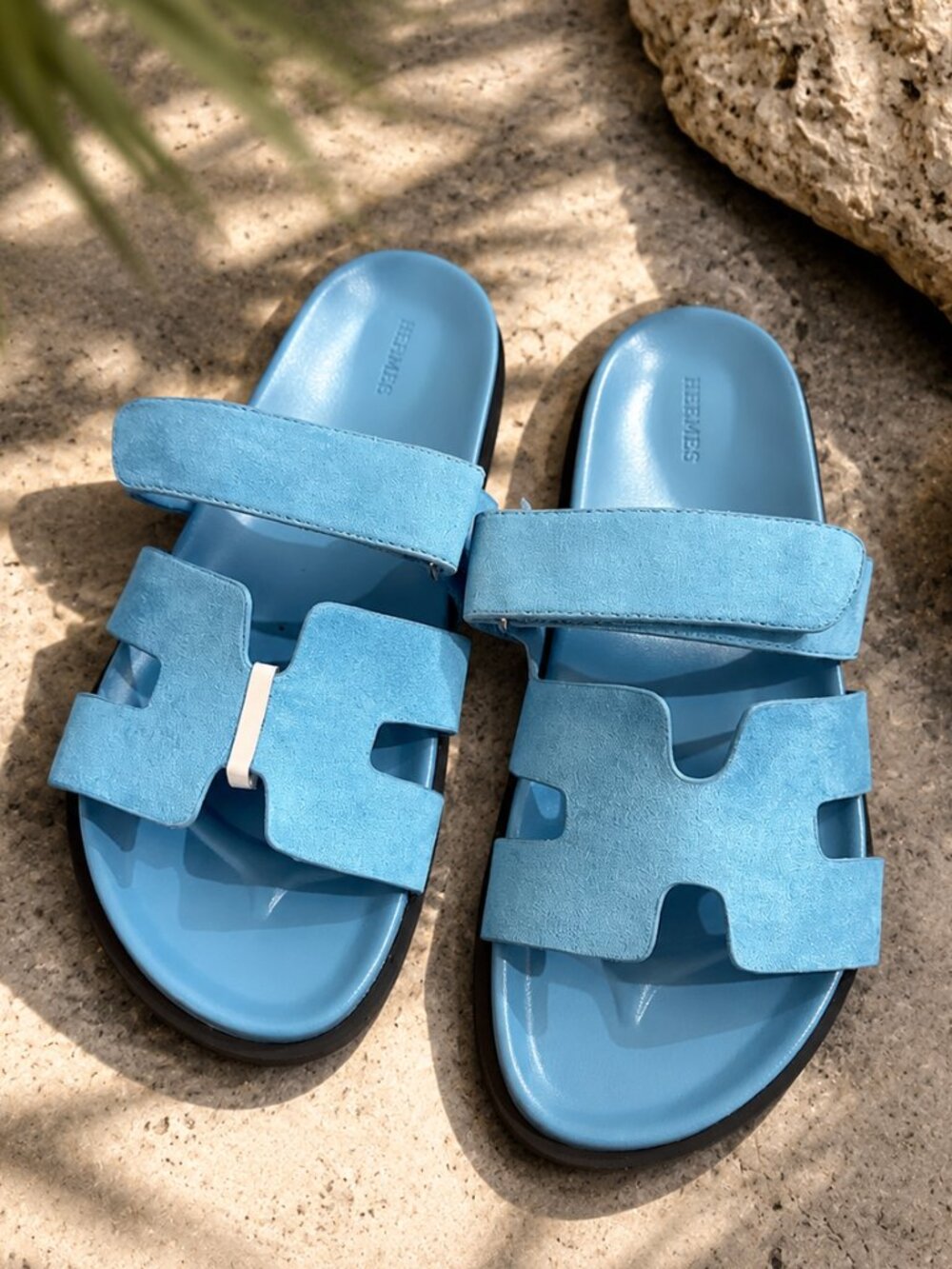 Sky Blue Suede H-Cutout Slide Sandals Adjustable Strap Luxury Style